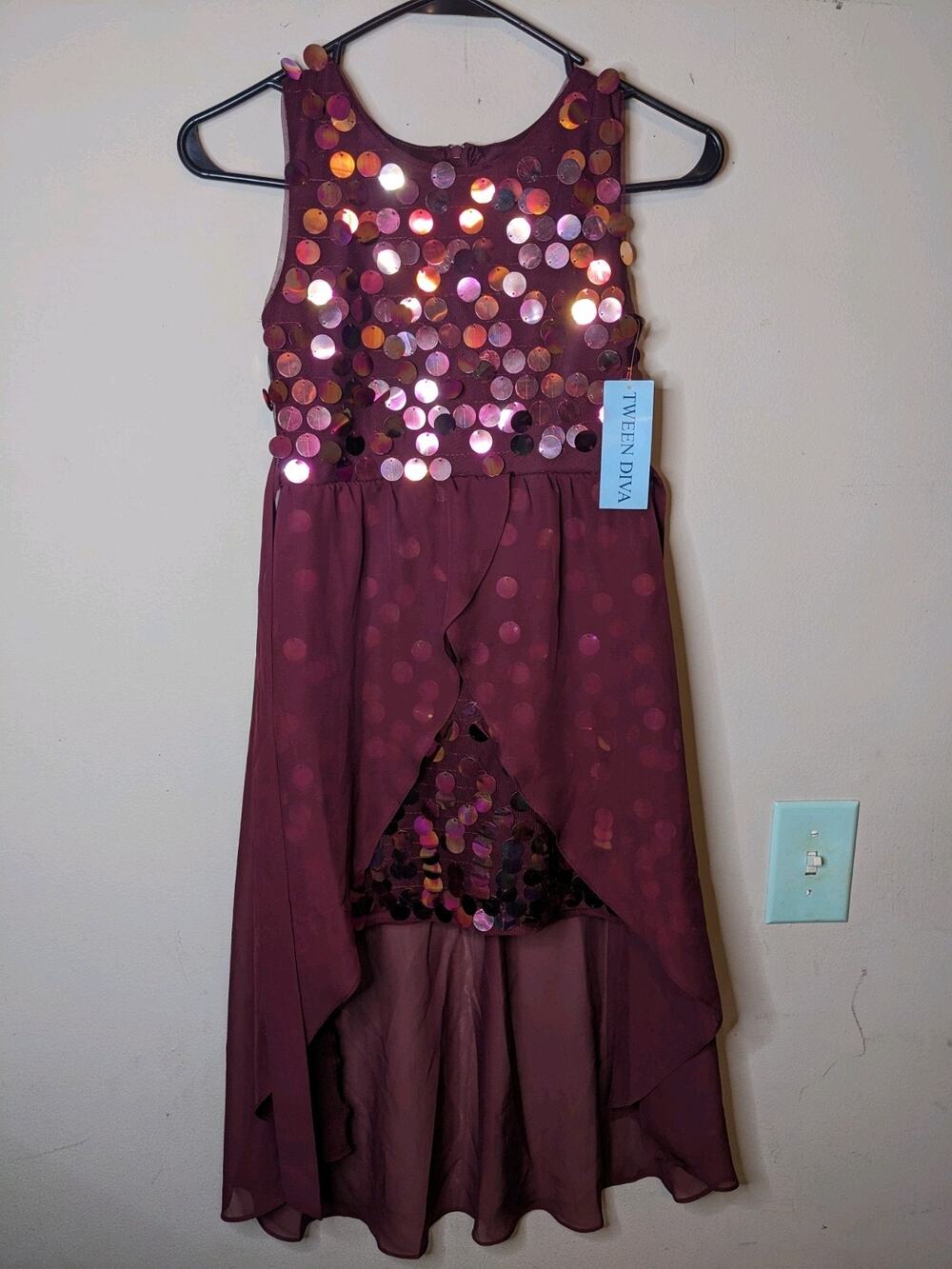 Tween Diva Sequin Sheer Dress Size 8 Burgundy Maroon Sleeveless Girls